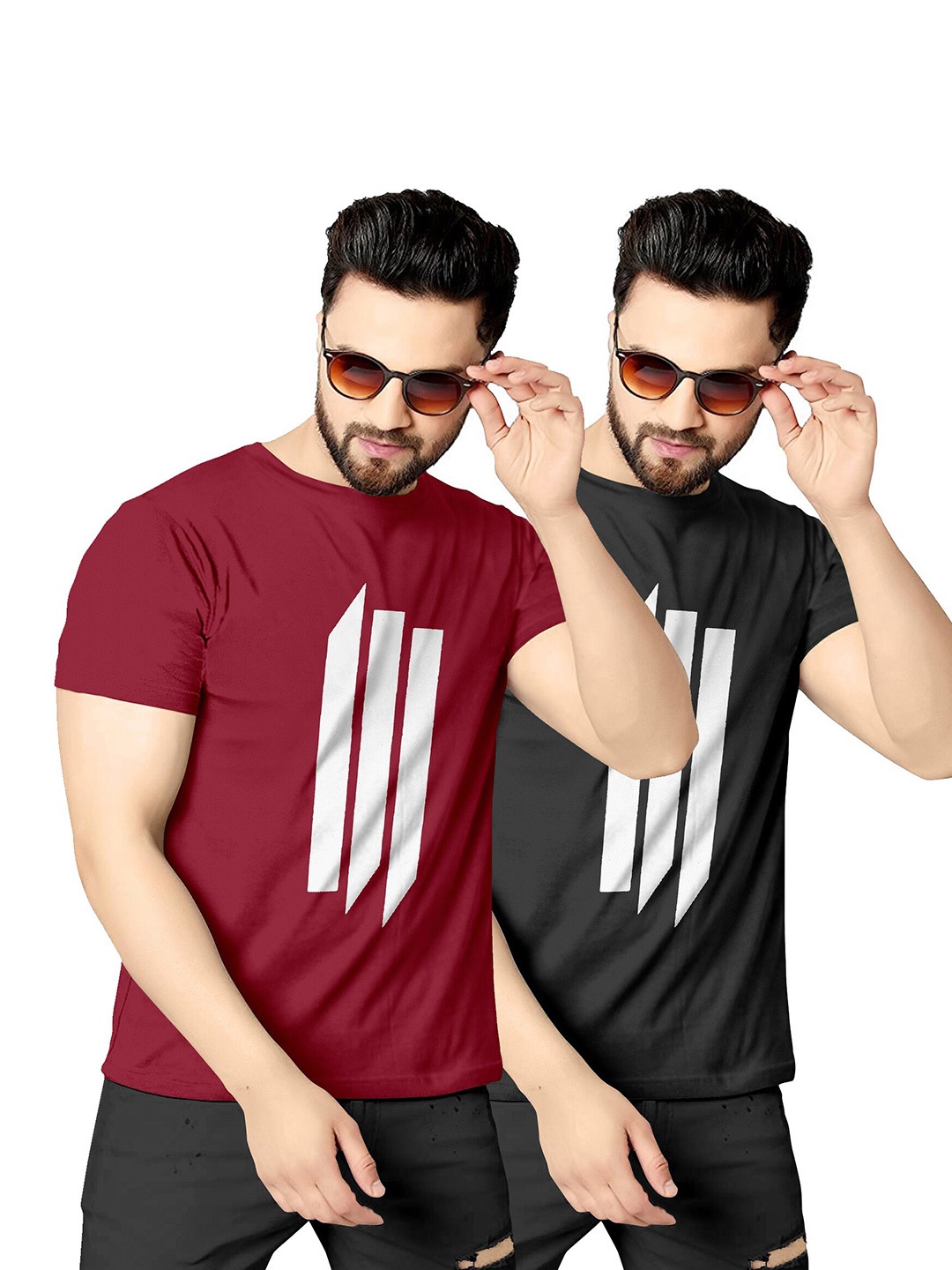 

KAJARU Men Maroon & Black Pack Of 2 Printed T-shirt