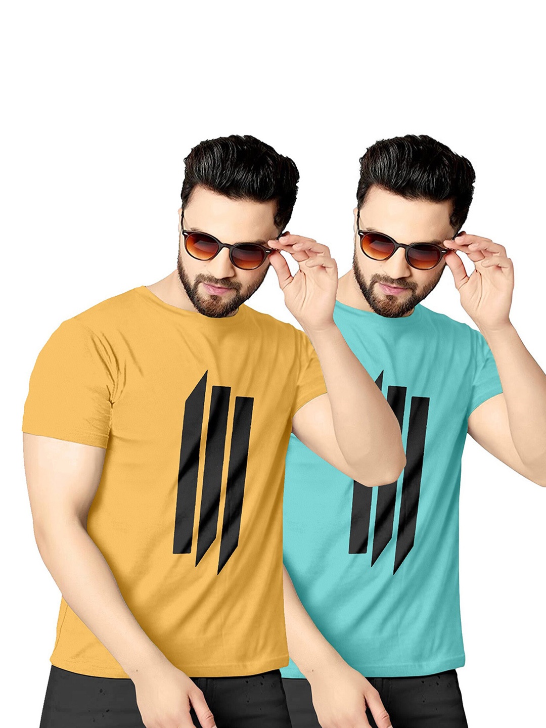 

KAJARU Men Yellow & Blue Pack Of 2 Printed T-shirt