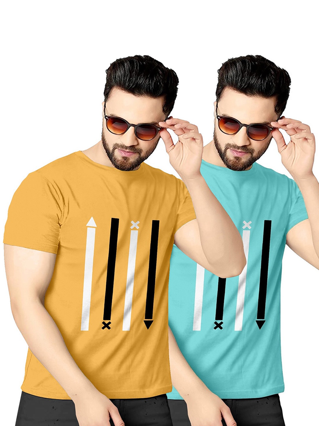 

KAJARU Men Yellow & Blue Pack Of 2 Printed T-shirt