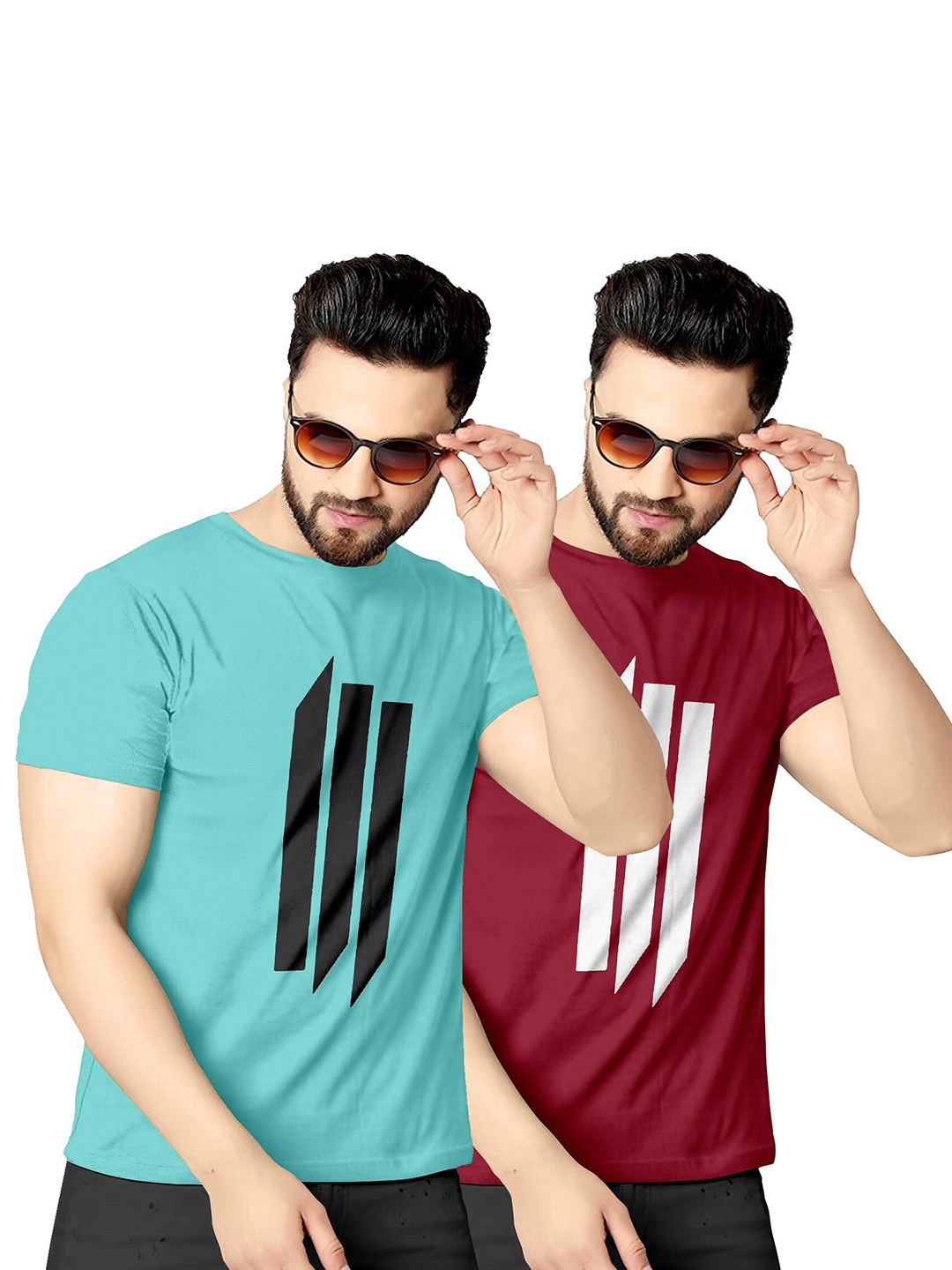 

KAJARU Men Pack Of 2 Blue & Maroon Printed T-shirt