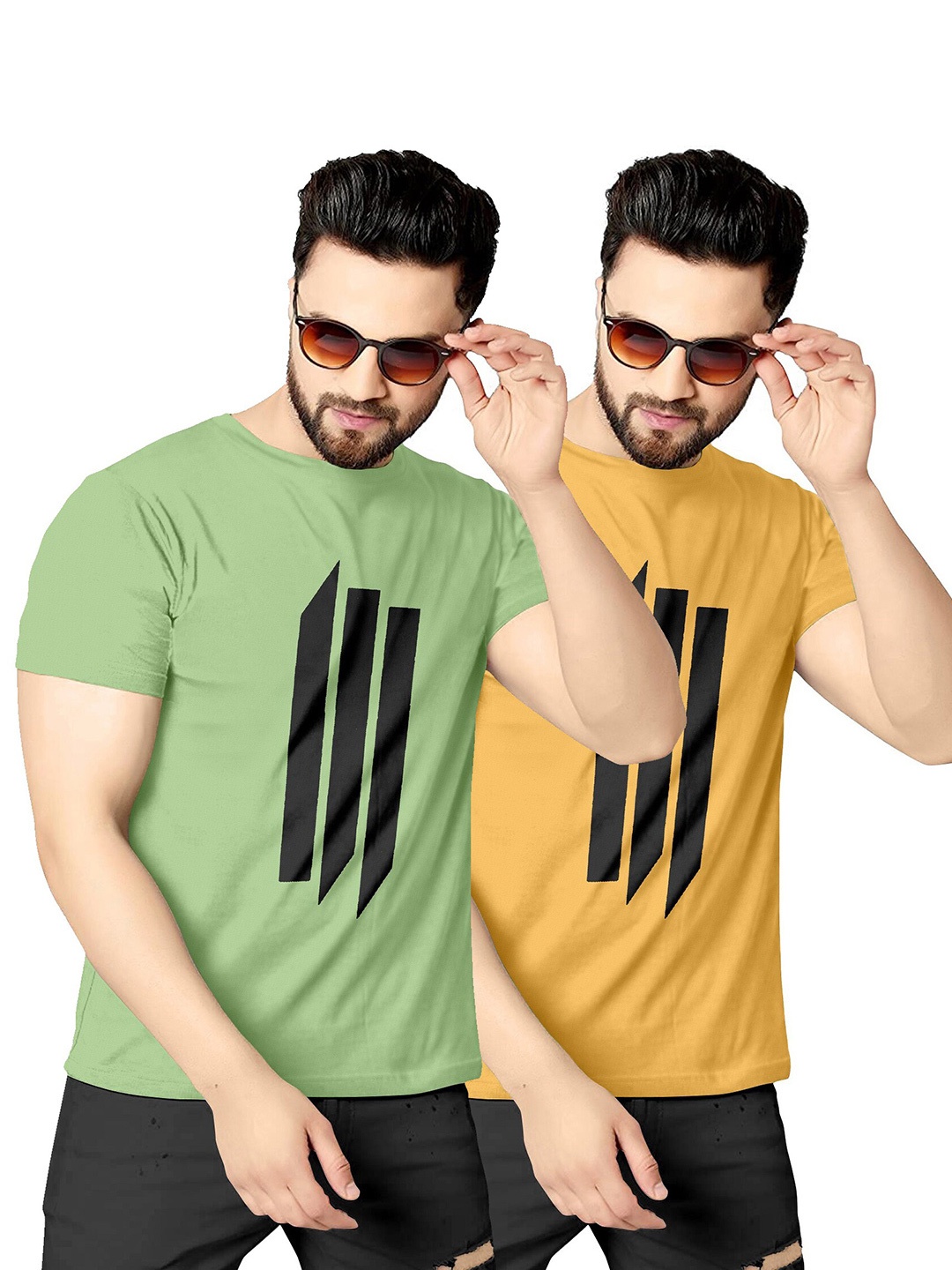

KAJARU Men Pack Of 2 Green & Yellow Printed T-shirt