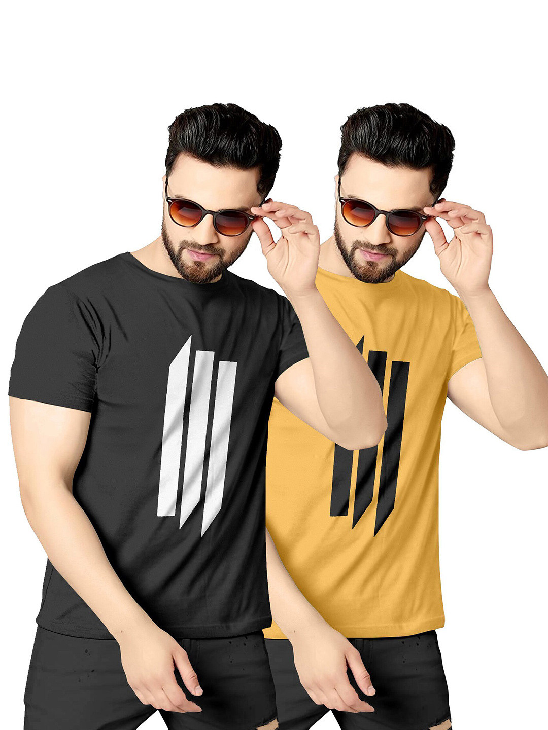 

KAJARU Men Pack Of 2 Black & Yellow Printed T-shirt