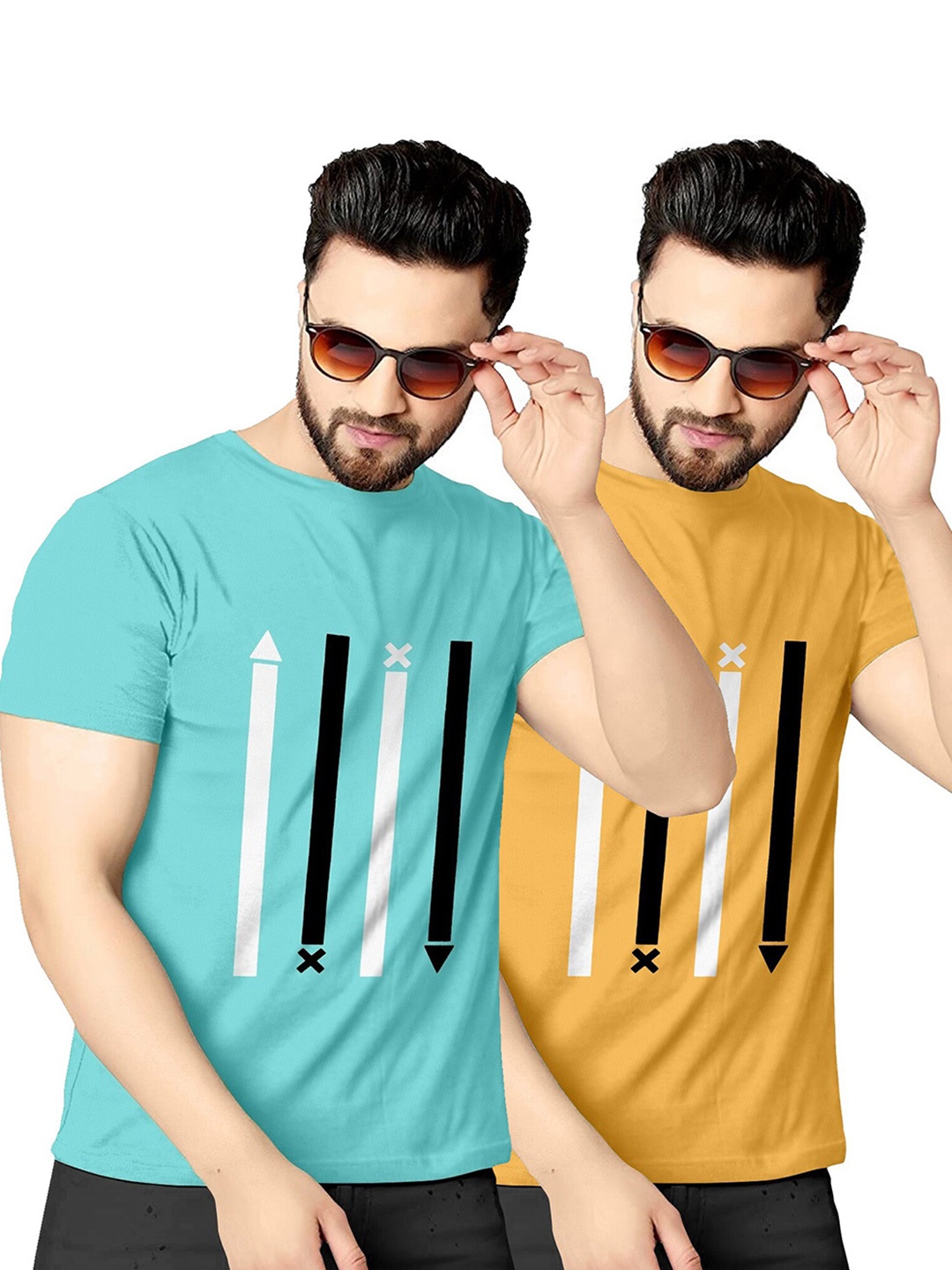 

KAJARU Men Pack Of 2 Blue & Yellow Printed T-shirt