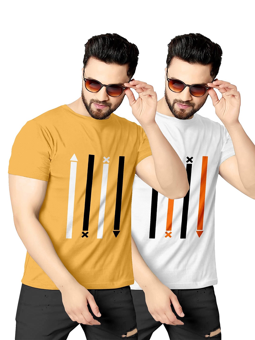 

KAJARU Men Pack Of 2 Yellow & White Printed T-shirt