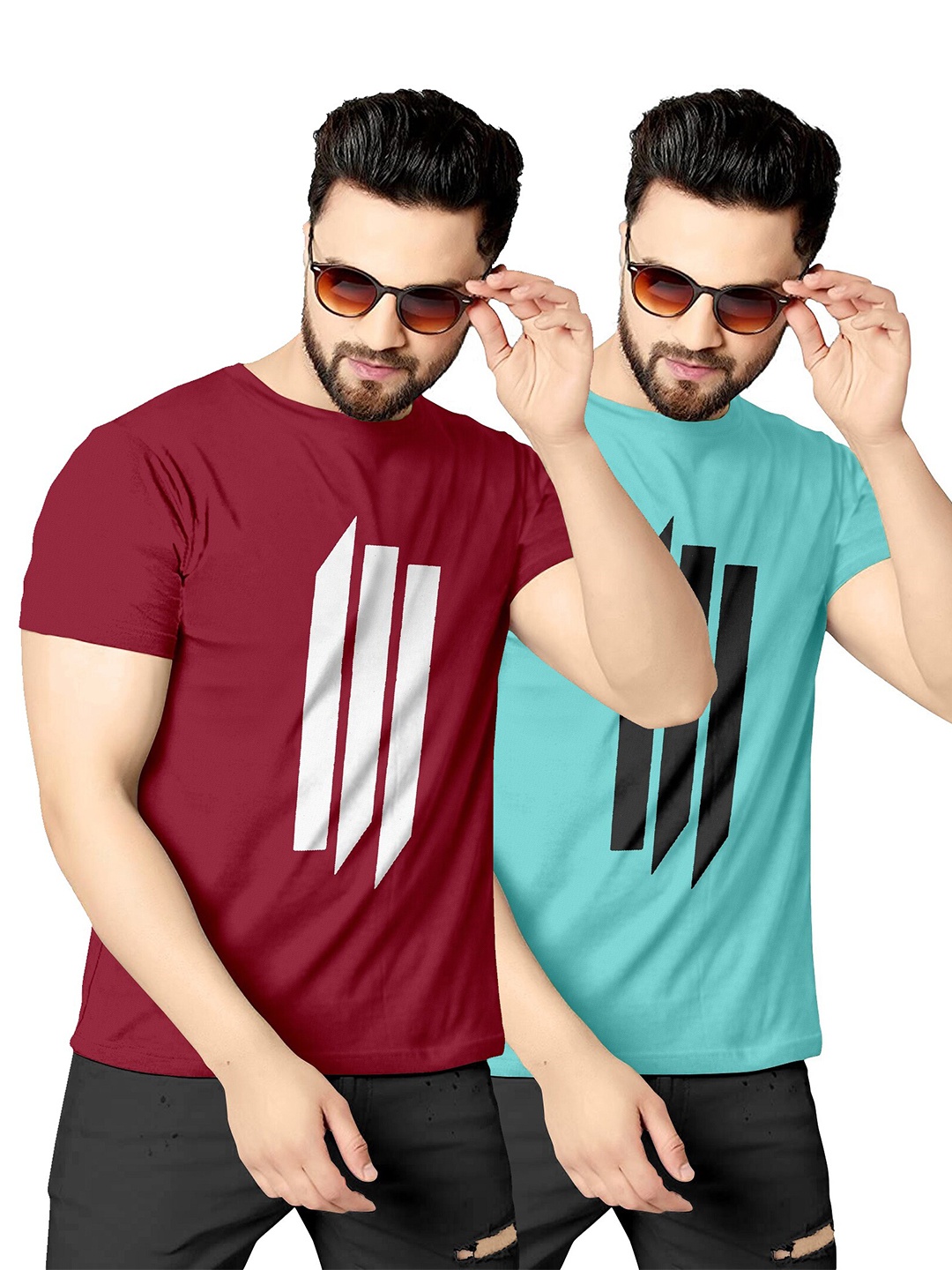 

KAJARU Men Pack Of 2 Maroon & Blue Printed T-shirt