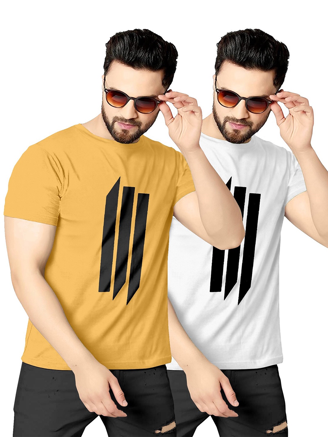 

KAJARU Men Pack Of 2 Yellow & White Printed T-shirt