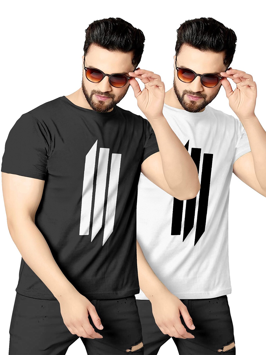 

KAJARU Men Pack Of 2 Black & White Printed T-shirt