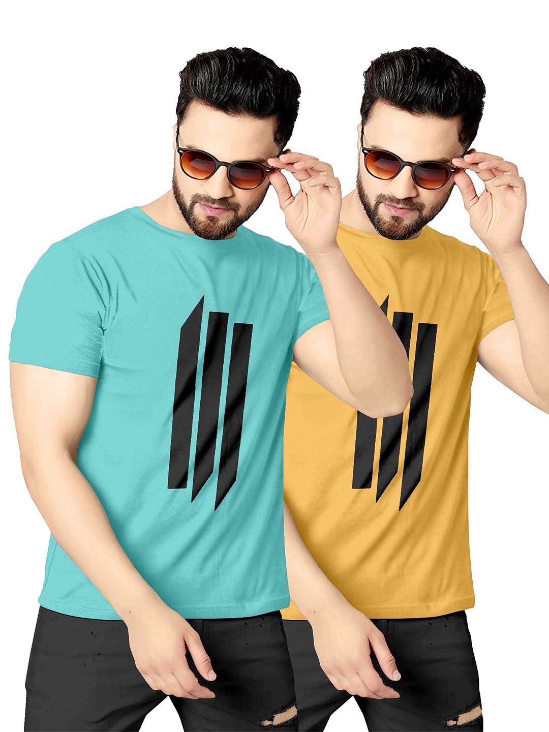 

KAJARU Men Pack Of 2 Blue & Yellow Printed T-shirt