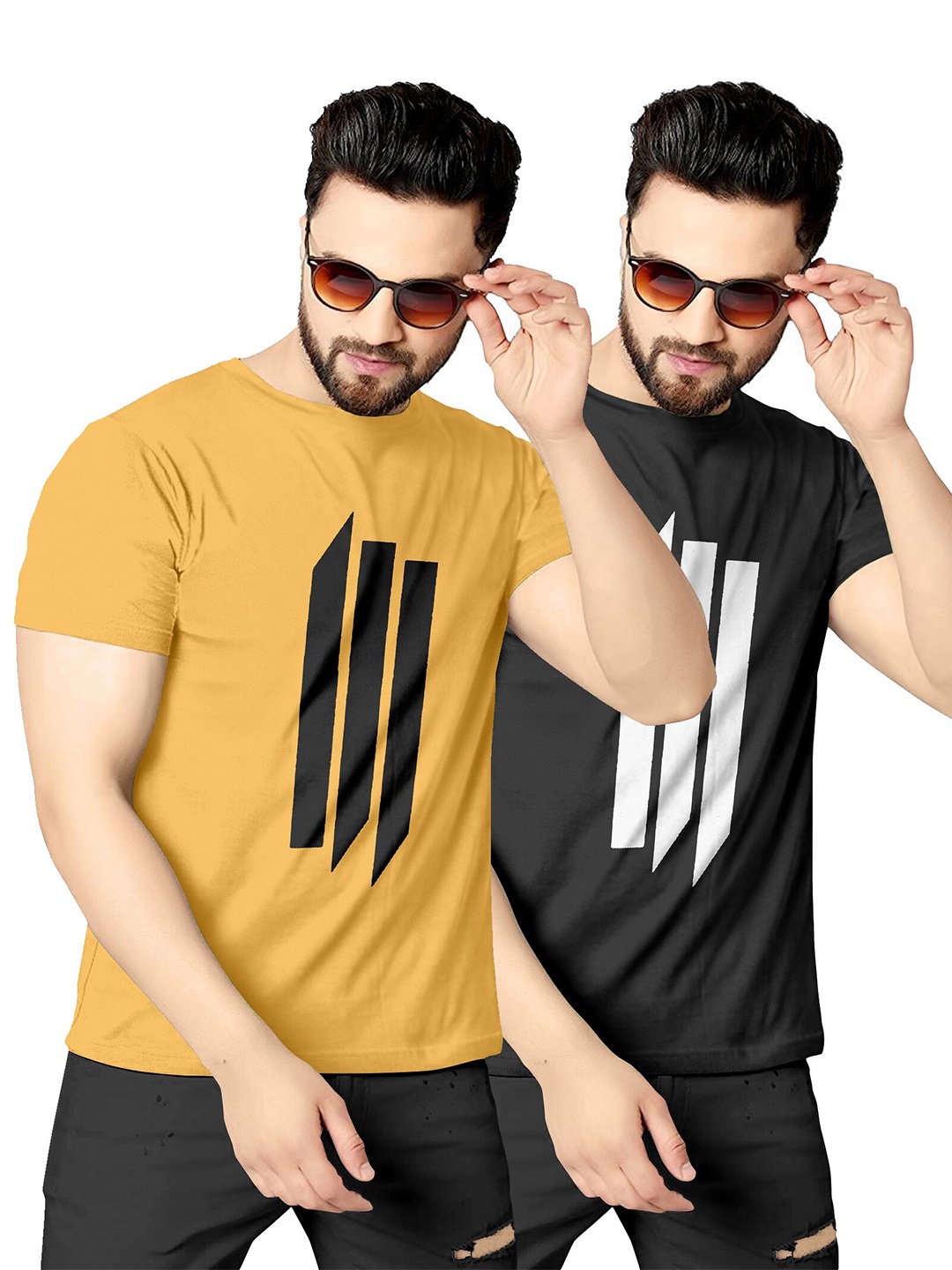 

KAJARU Men Pack Of 2 Yellow & Black Printed T-shirt