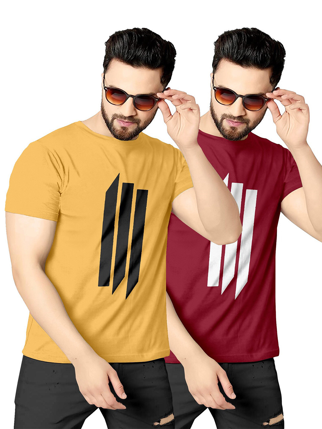 

KAJARU Men Pack Of 2 Yellow & Maroon Printed T-shirt