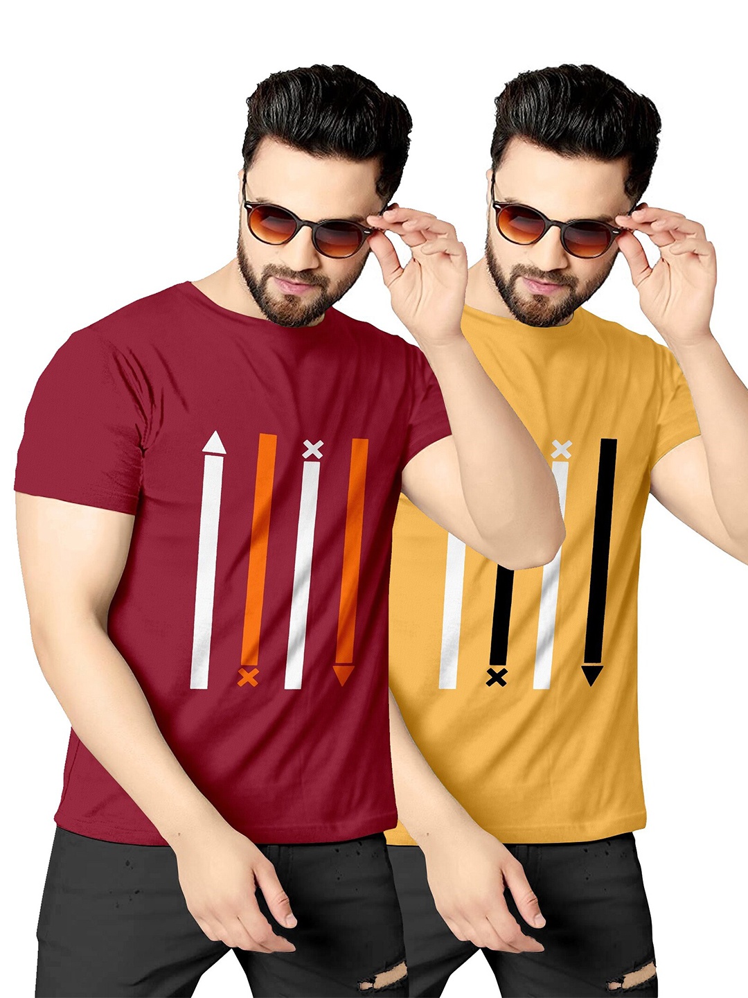 

KAJARU Men Pack Of 2 Maroon & Yellow Printed T-shirt