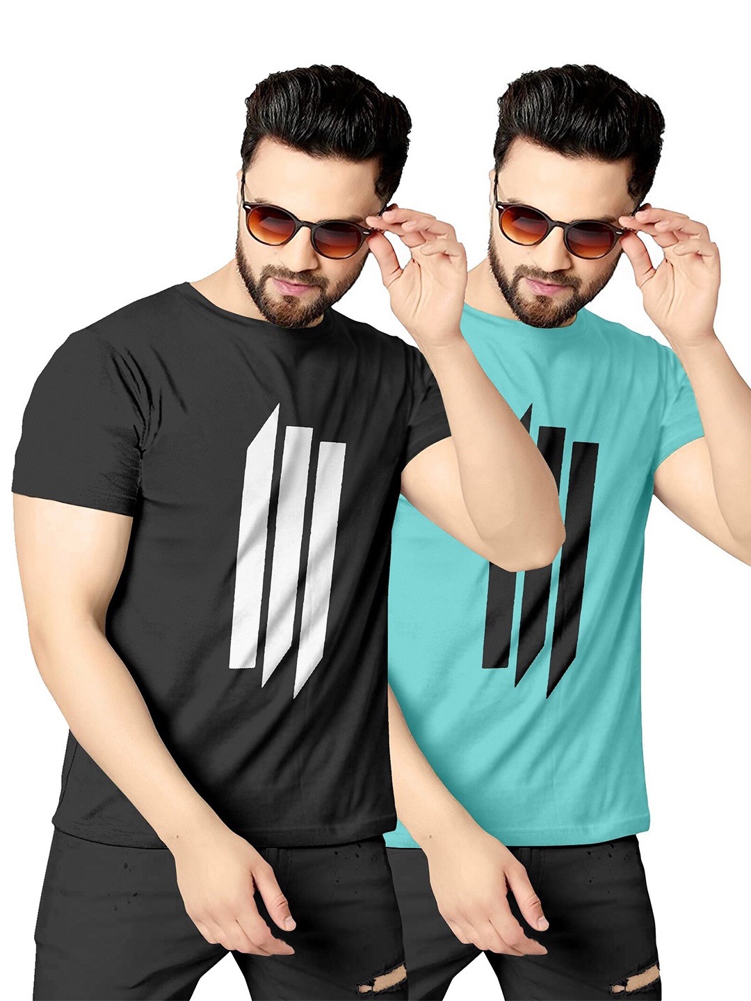 

KAJARU Men Pack Of 2 Black & Blue Printed T-shirt