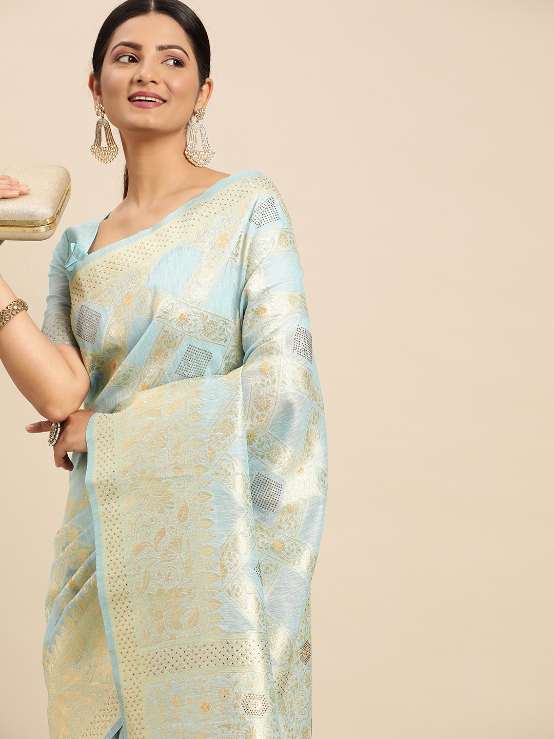 

Mitera Turquoise Blue Floral Sequinned Pure Silk Banarasi Saree