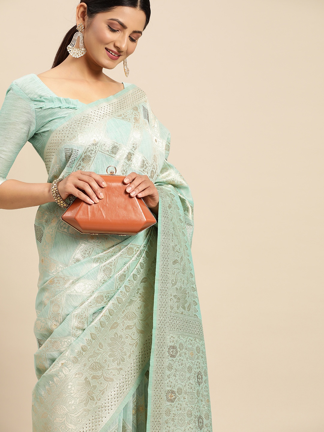 

Mitera Turquoise Blue Floral Sequinned Pure Silk Banarasi Saree