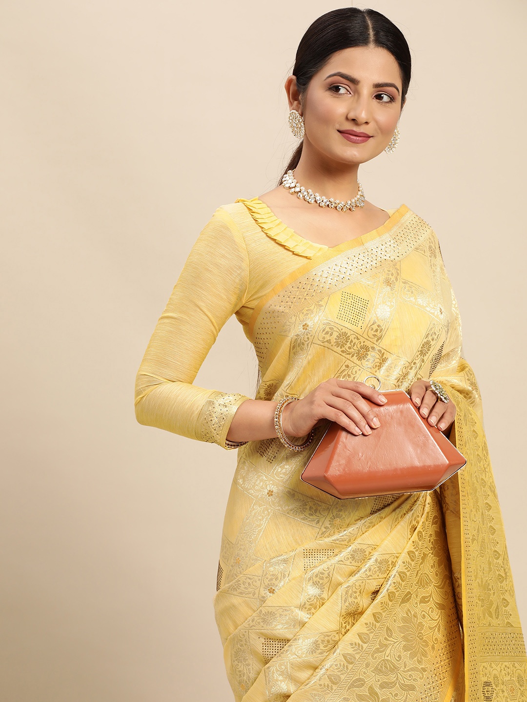 

Mitera Mustard Floral Sequinned Pure Silk Banarasi Saree