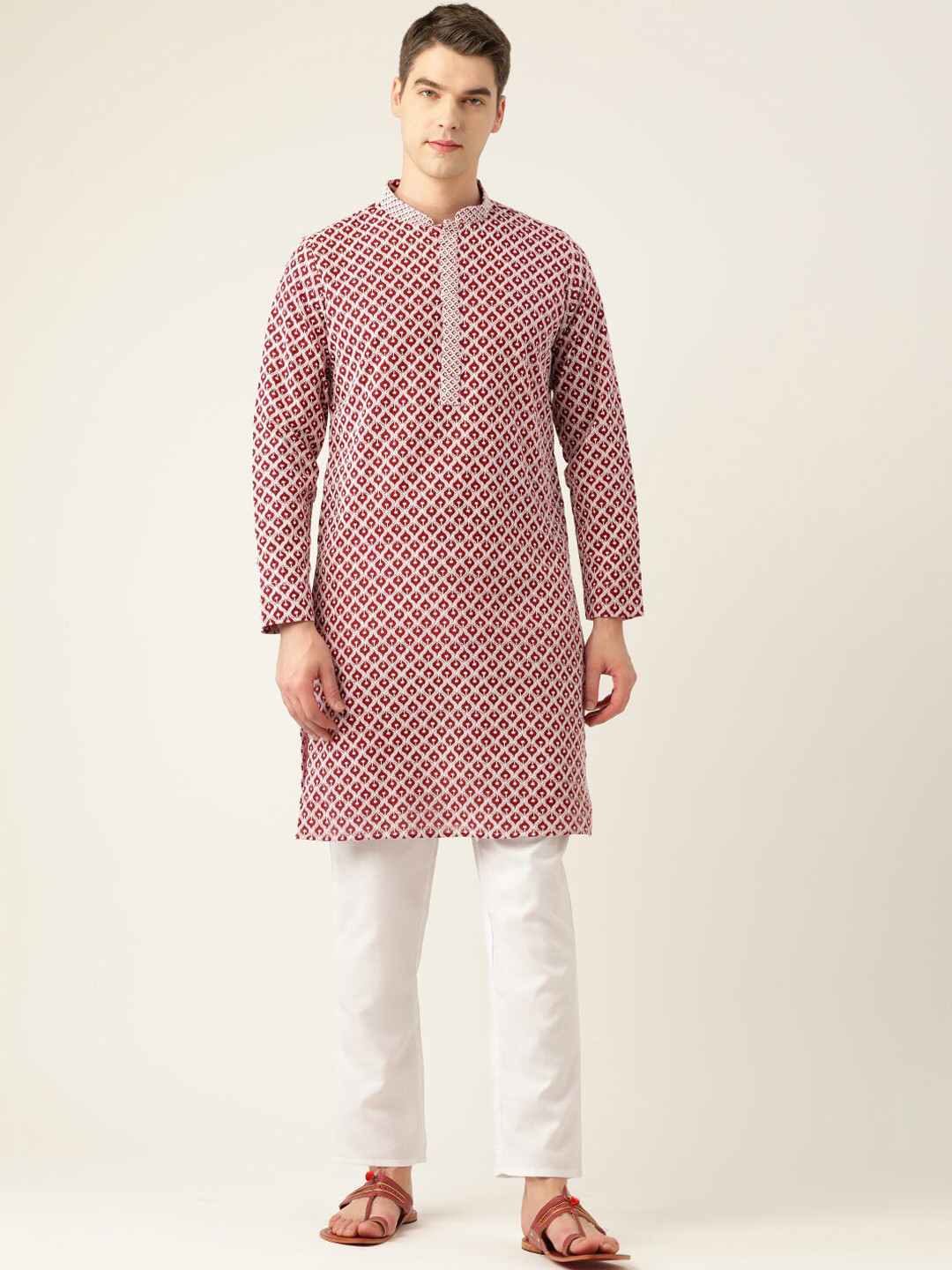 

Molly & Michel Men Ethnic Motifs Thread Work Cotton Kurta, Maroon