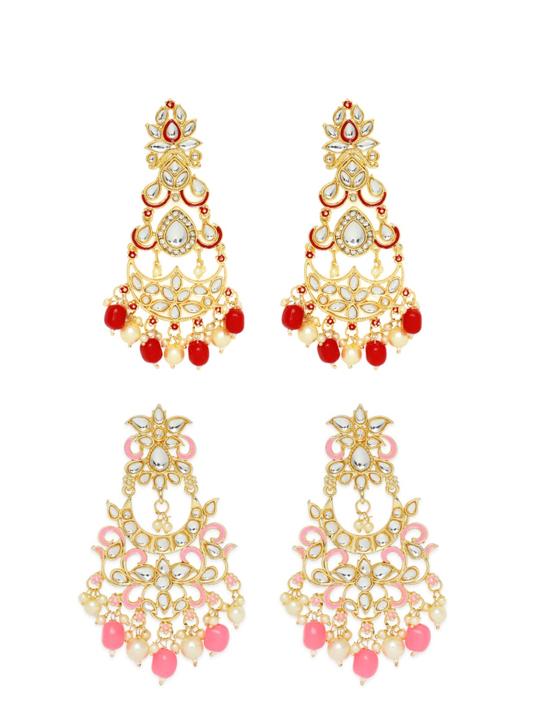 

OOMPH Set of 2 Gold-Plated Floral Meenakari Drop Earrings, Red