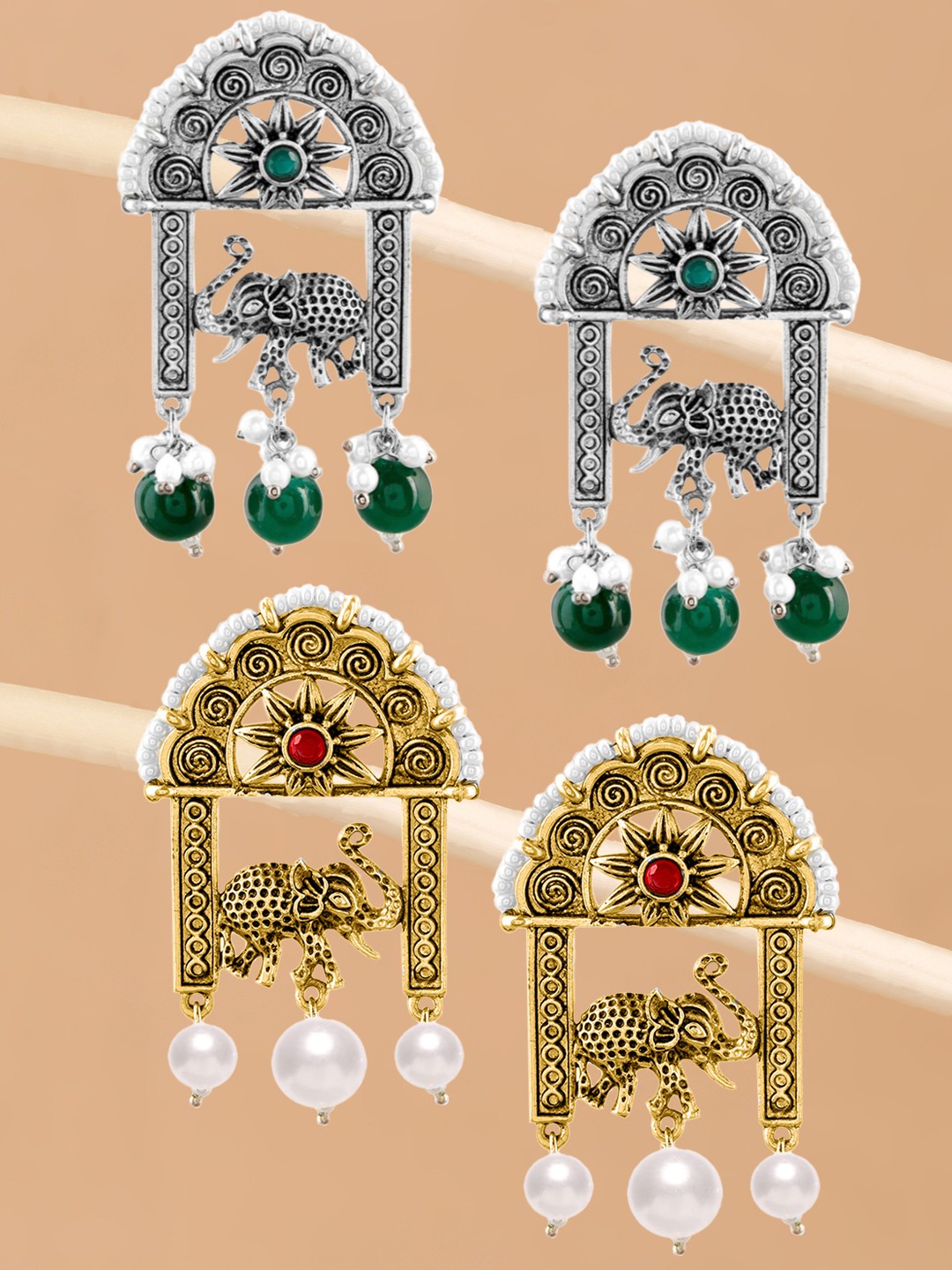 

OOMPH Set of 2 Elephant Shaped Drop Earrings, Green