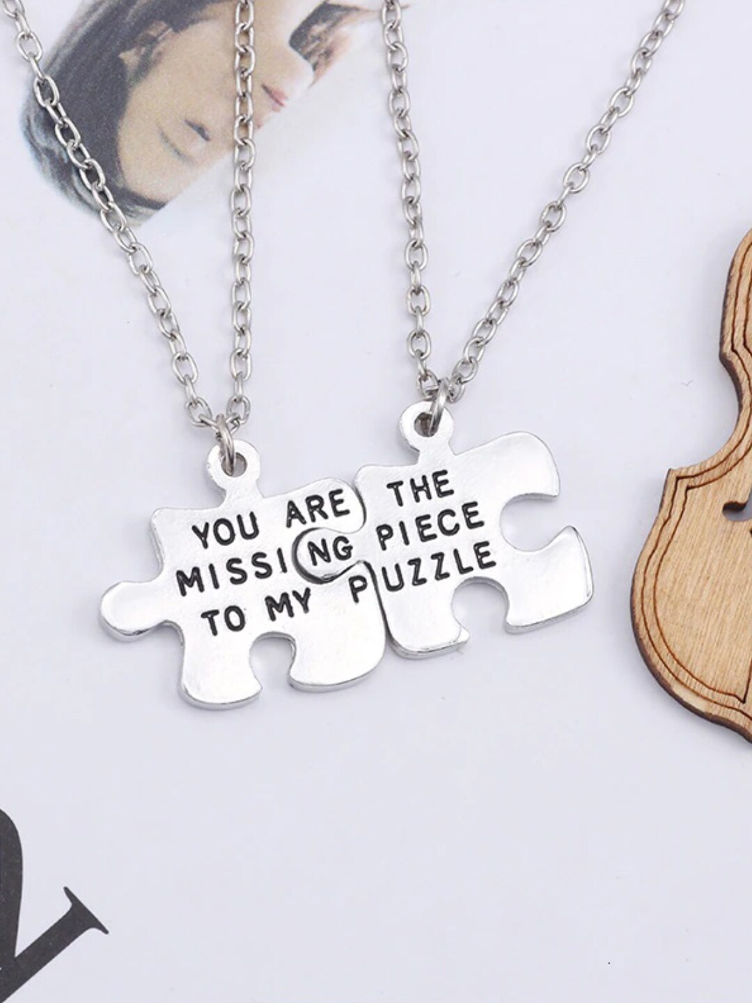 

OOMPH Set Of 2 Silver-Plated Jigsaw Puzzle Couple Pendants With Chain