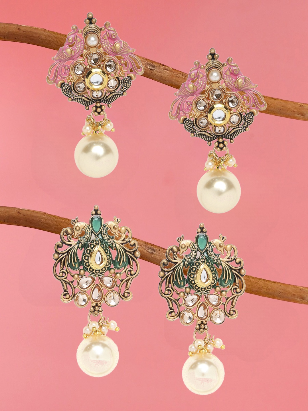 

OOMPH Set of 2 Gold-Plated Peacock Shaped Drop Earrings, Green