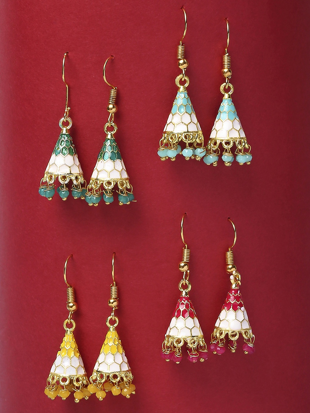 

OOMPH Set of 4 Meenakari Jhumkas Earrings, Green