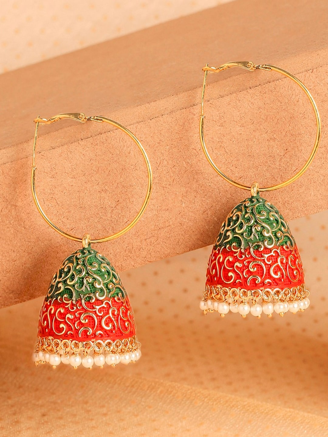 

OOMPH Green & Red Dome Shaped Jhumkas Earrings