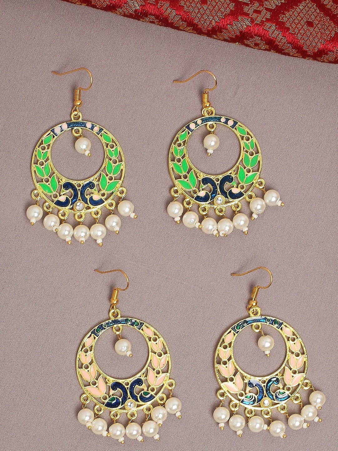 

OOMPH Set of 2 Peacock Shaped Meenakari Chandbalis Earrings, Pink