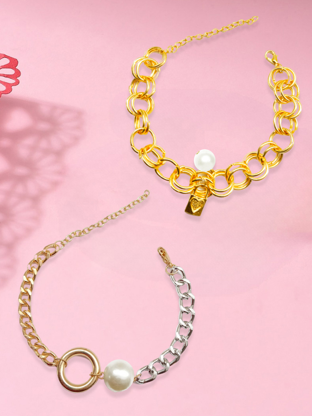 

OOMPH Women Set of 2 Gold-Toned & Silver-Toned Pearls Gold-Plated Link Bracelet