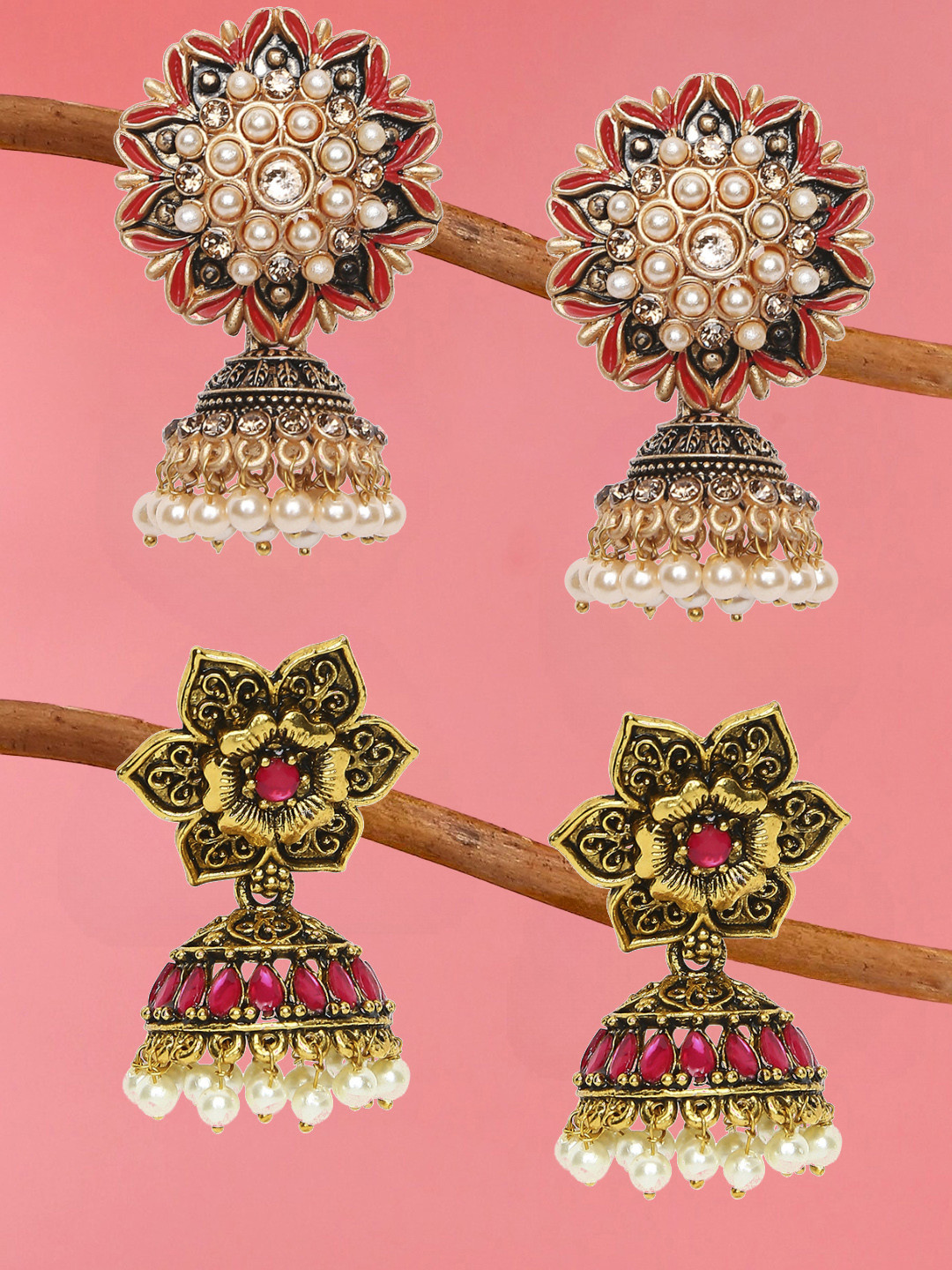 

OOMPH Red & Green Set Of 2 Floral Jhumkas Earrings