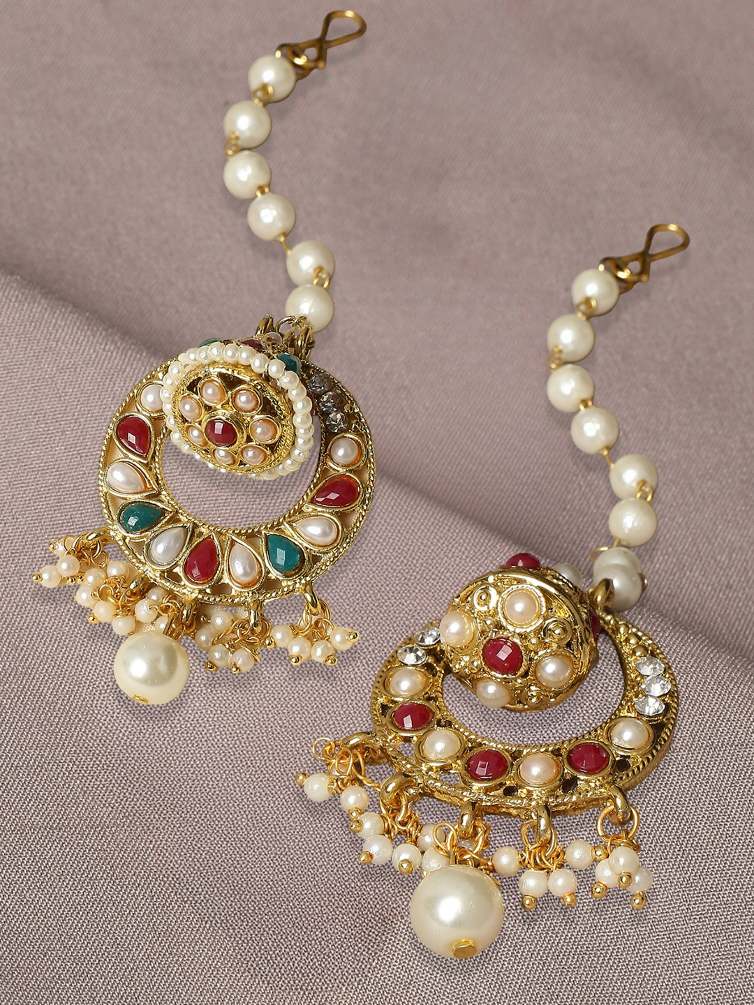 

OOMPH Set of 2 Gold-Plated Stones & Peals Jadau Wedding Ethnic Borla Maangtikka, Red