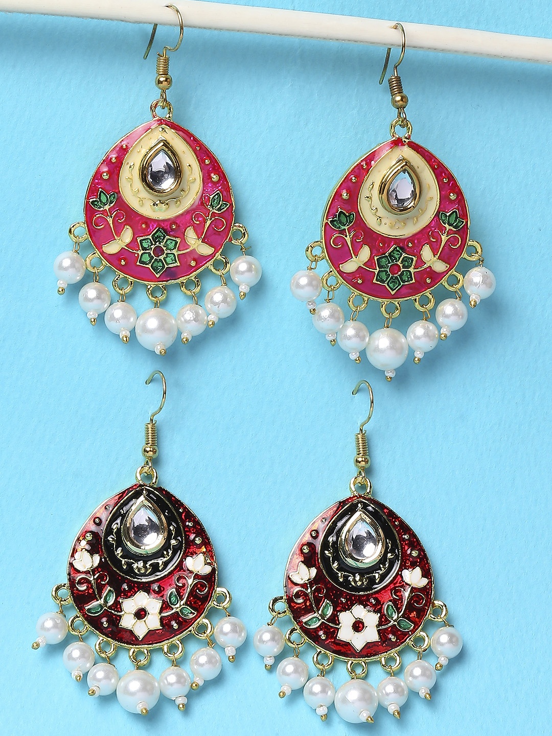 

OOMPH Set of 2 Gold-Plated Teardrop Shaped Meenakari Drop Earrings, Red