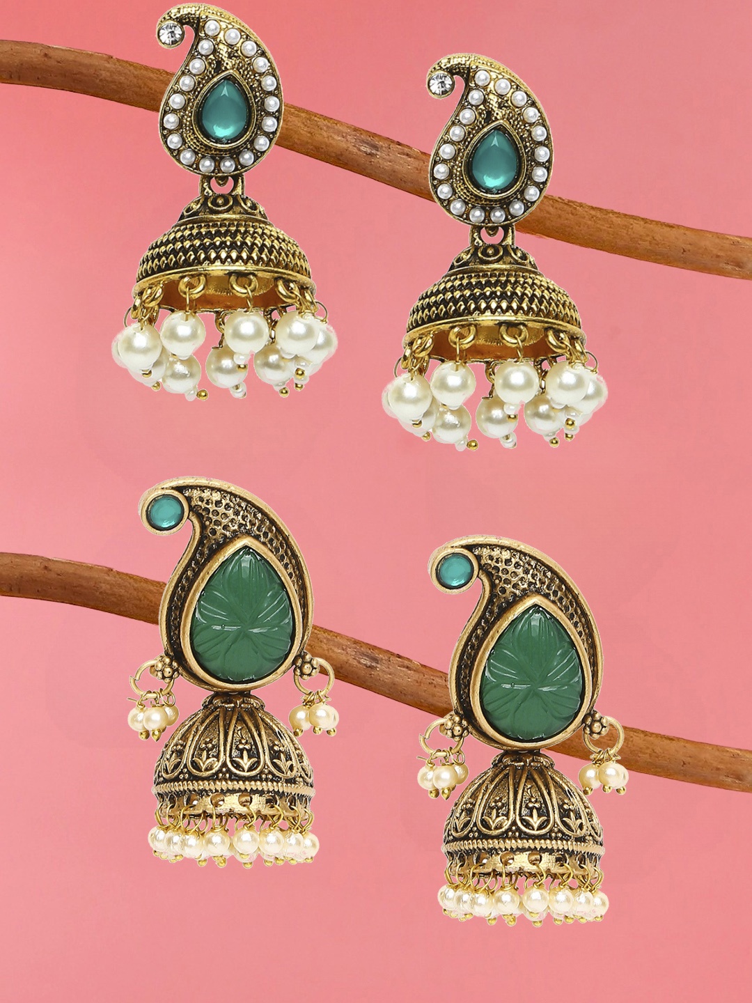 

OOMPH Green & Gold-Toned Set Of 2 Floral Jhumkas Earrings