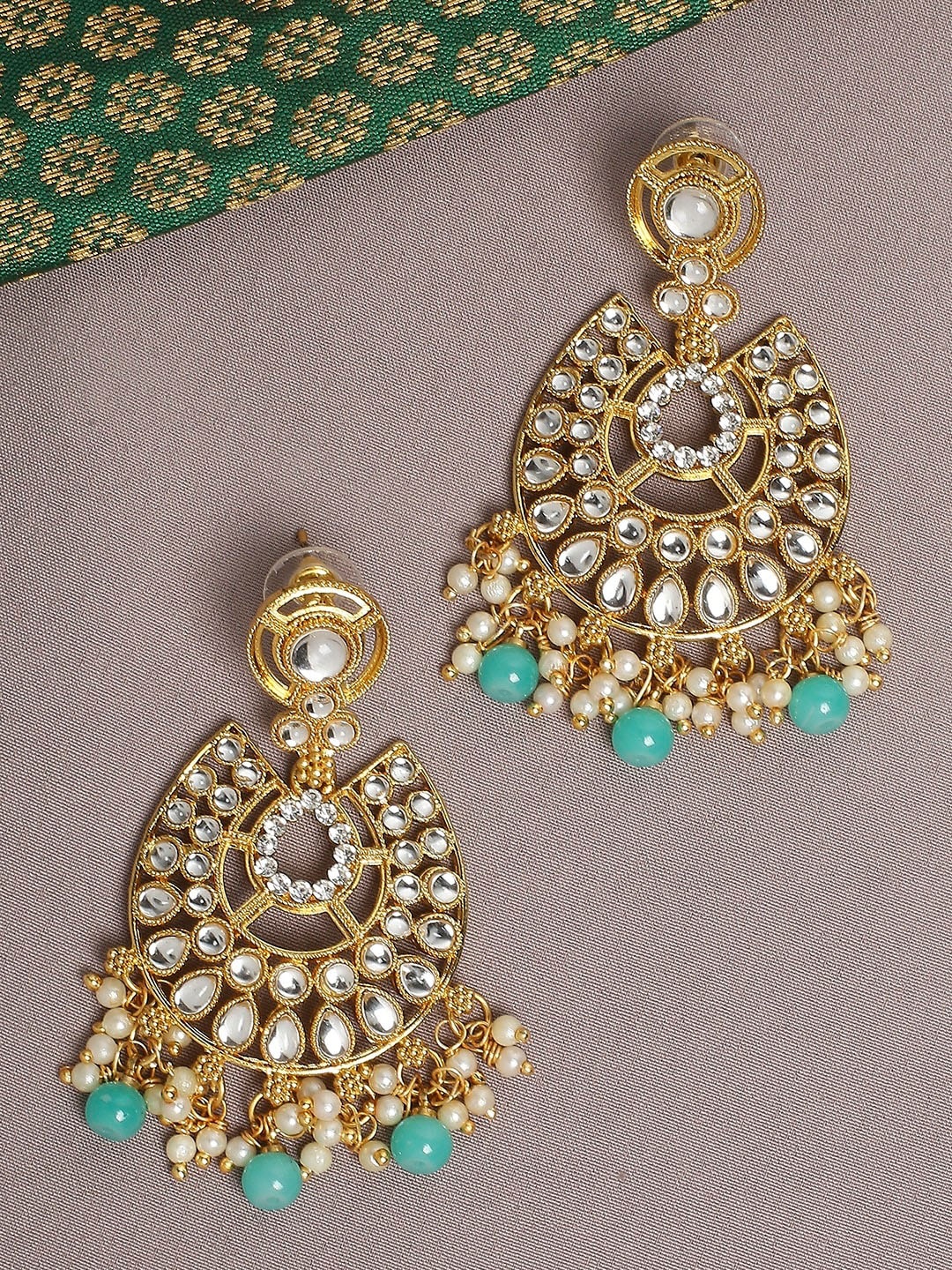 

OOMPH Green & Gold-Toned Teardrop Shaped Chandbalis Earrings