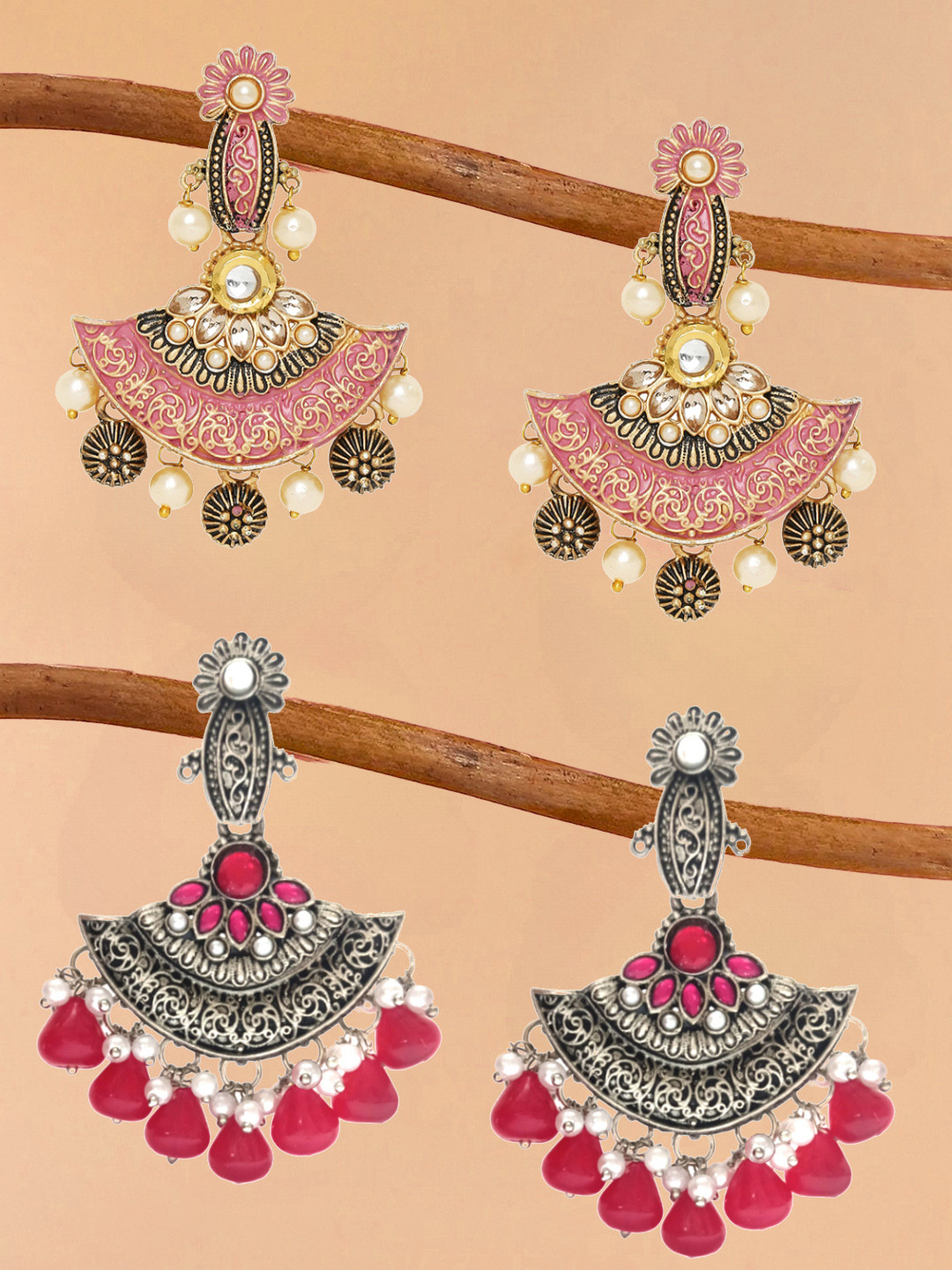 

OOMPH Pink & Red Set Of 2 Floral Chandbalis Earrings