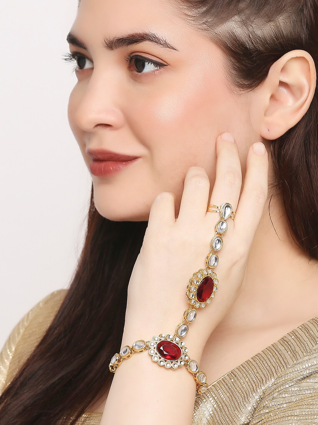 

OOMPH Women Gold-Toned & Maroon Gold-Plated Ring Bracelet