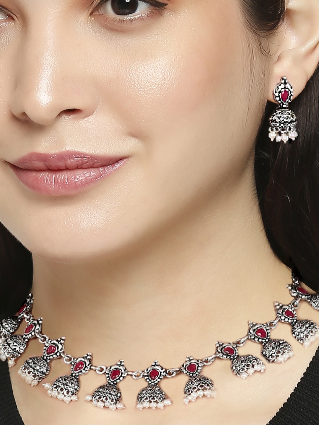 

OOMPH Silver-Plated Oxidised Stone Studded & Beaded Jewellery Set