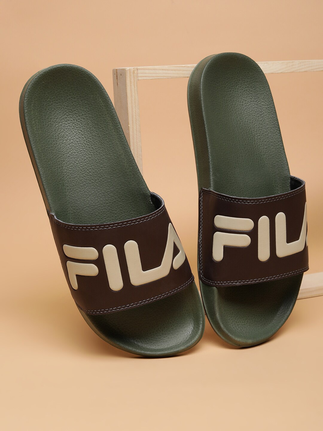 

FILA Men Brown & Olive Green Printed Sliders