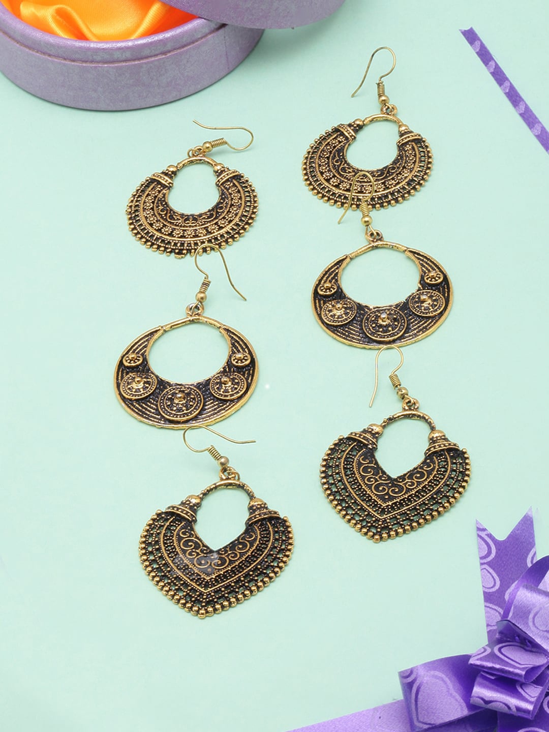 

DIVA WALK Women Set Of 3 Gold Plated Contemporary Drop Earrings