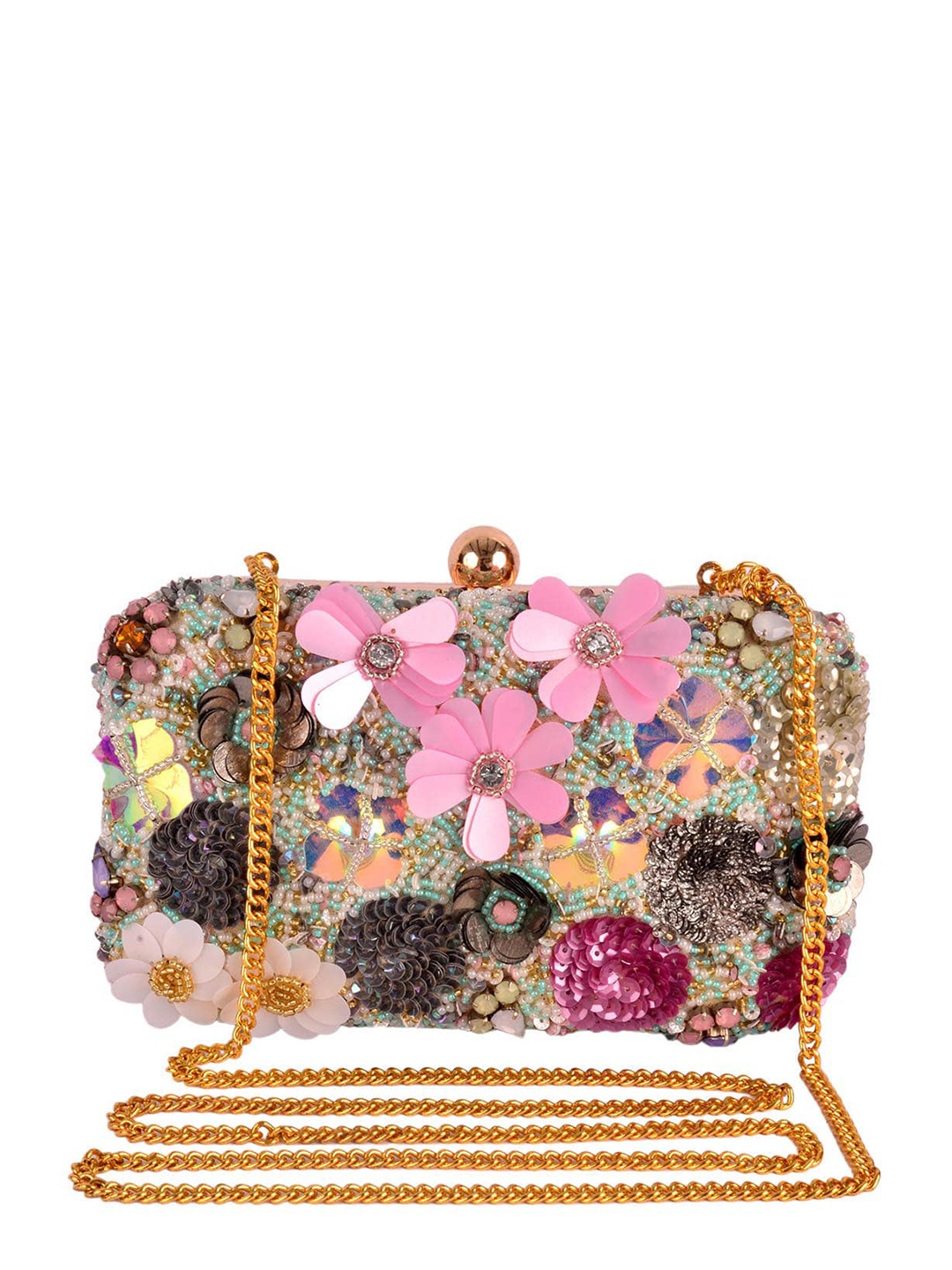 

REZZY Gold-Toned & Pink Embroidered Embroidered Box Clutch