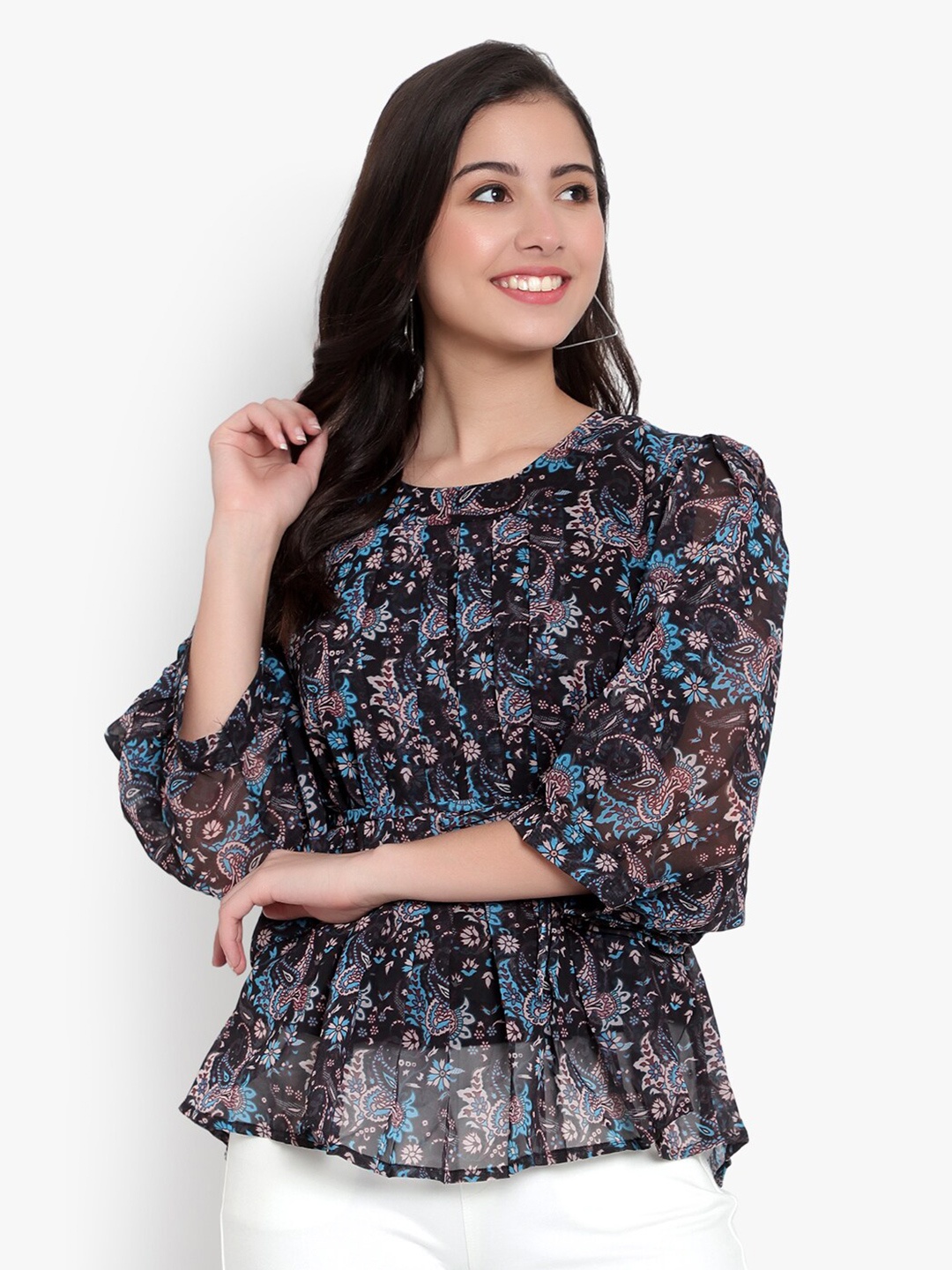 

SKY HEIGHTS Printed Georgette Top, Black