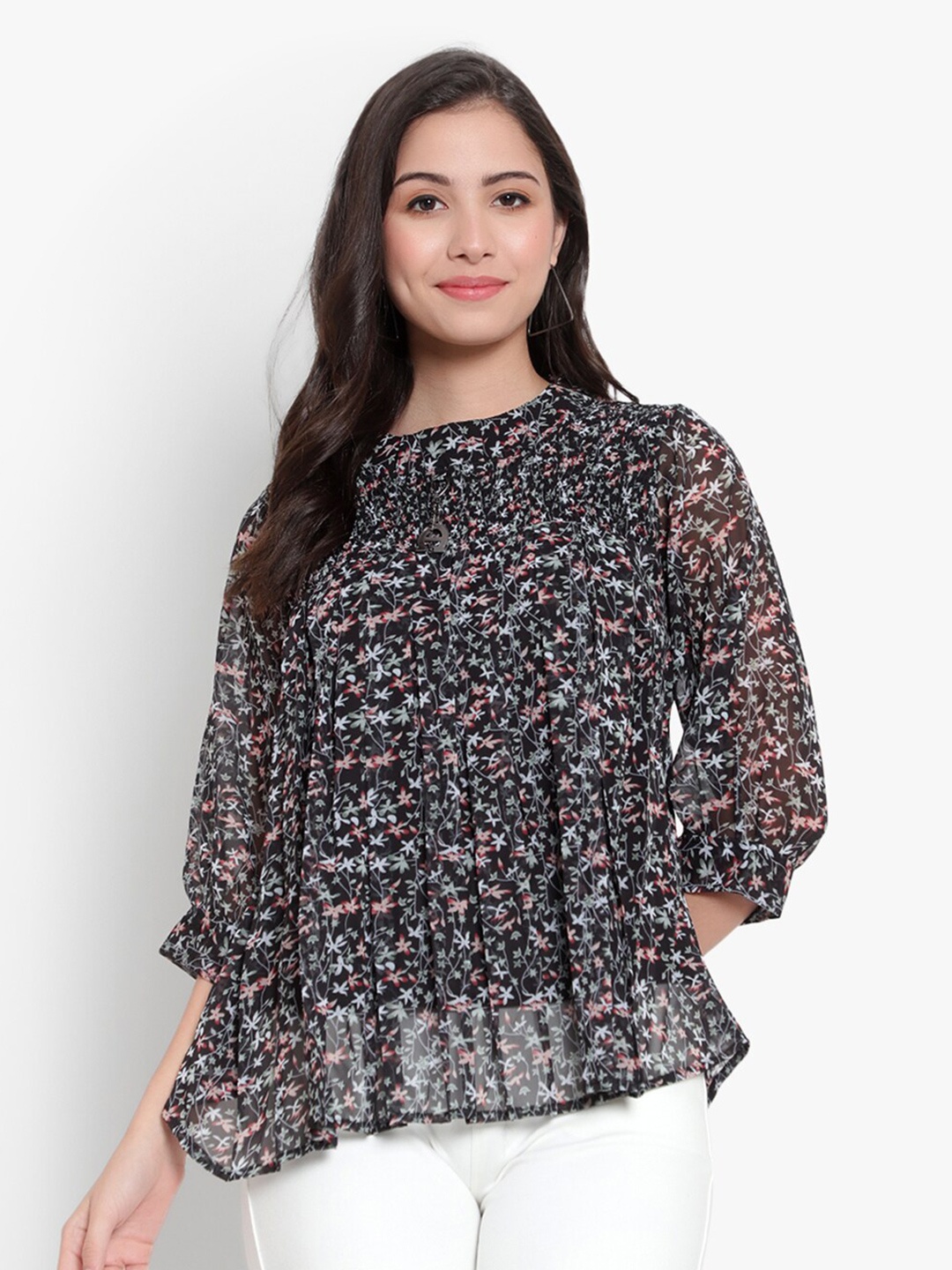 

SKY HEIGHTS Floral Printed Georgette Top, Black