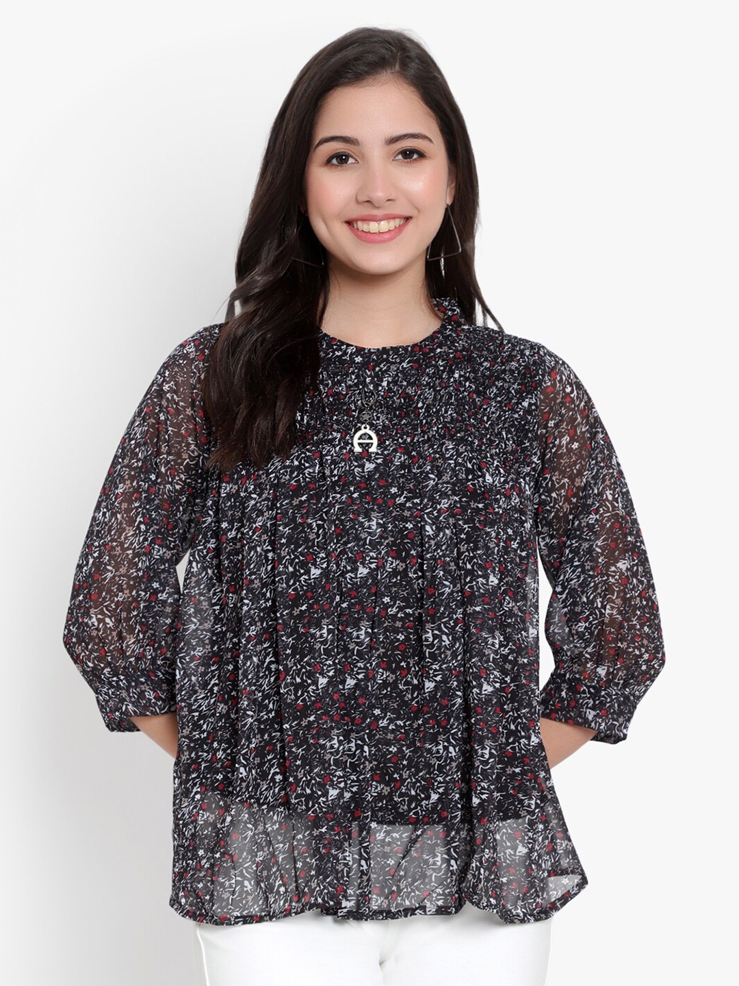 

SKY HEIGHTS Floral Printed Georgette Top, Black
