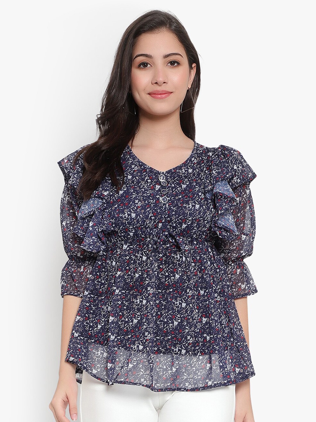 

SKY HEIGHTS Floral Printed Ruffles Georgette Top, Navy blue