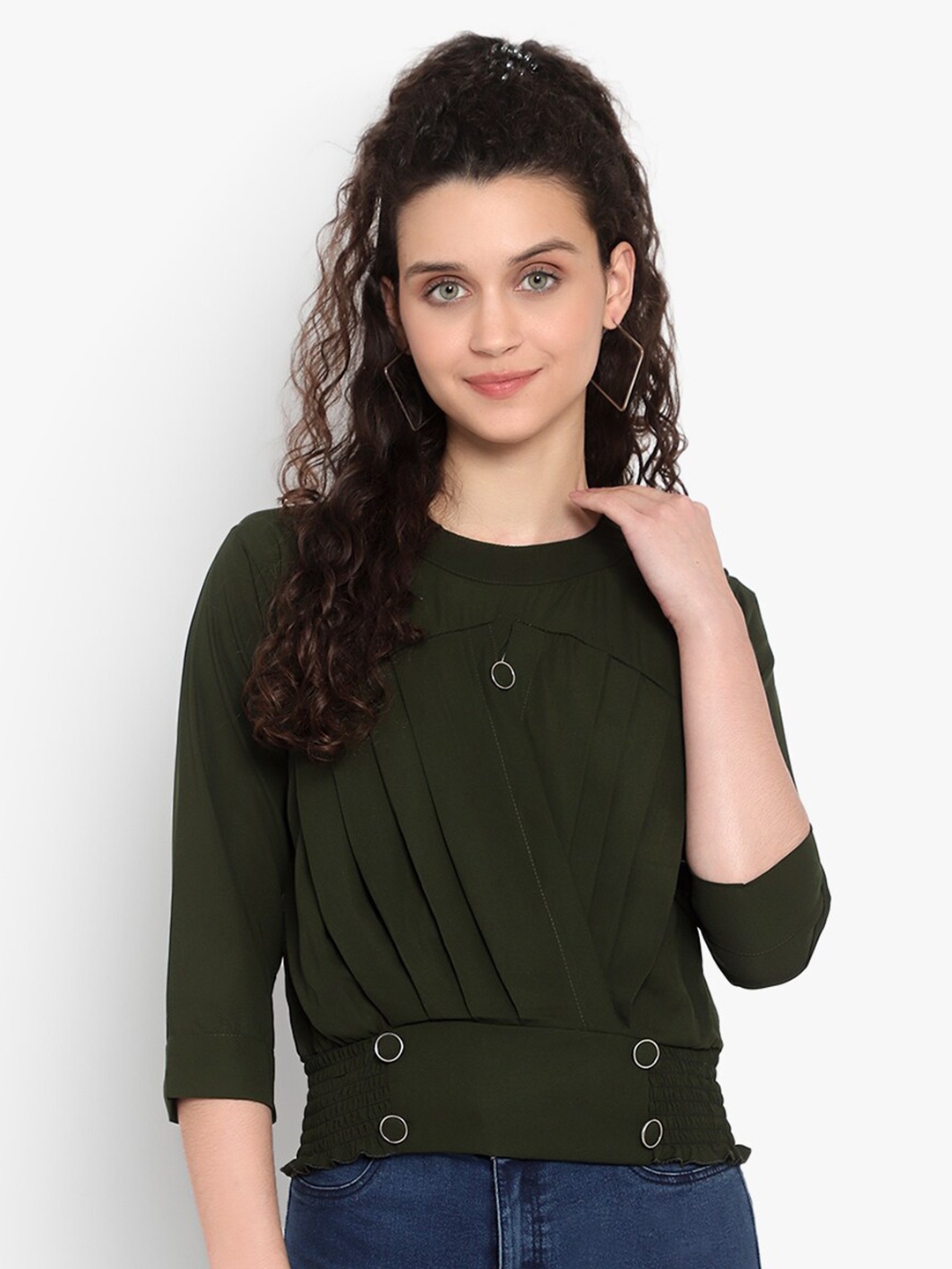 

SKY HEIGHTS Smocked Georgette Cinched Waist Top, Olive