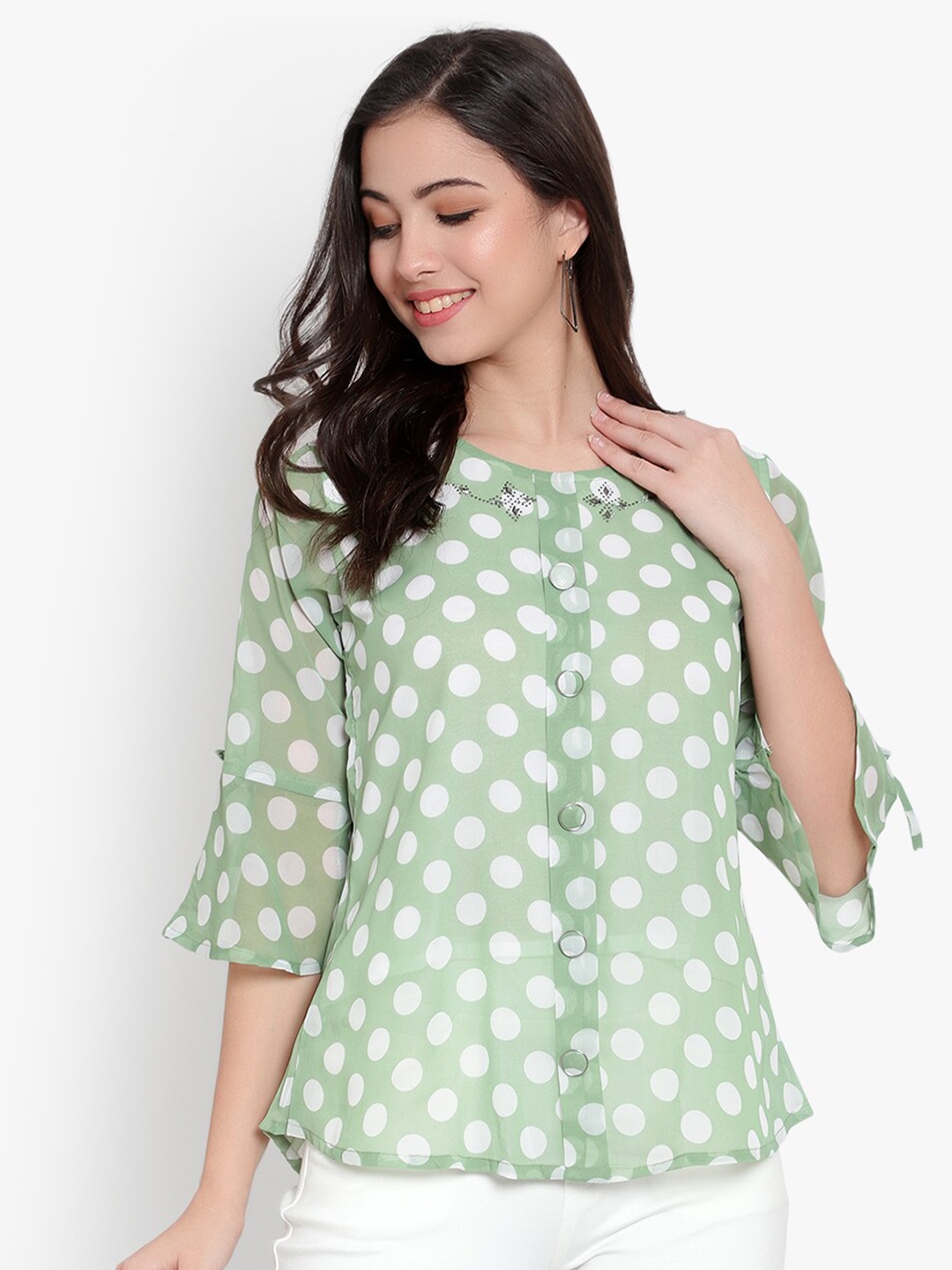 

SKY HEIGHTS Polka Dot Printed Georgette Top, Green