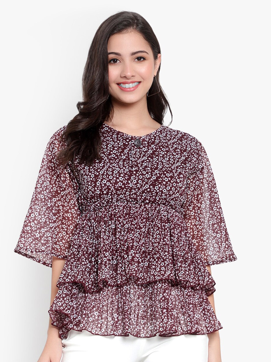 

SKY HEIGHTS Floral Printed Layered Georgette Empire Top, Brown