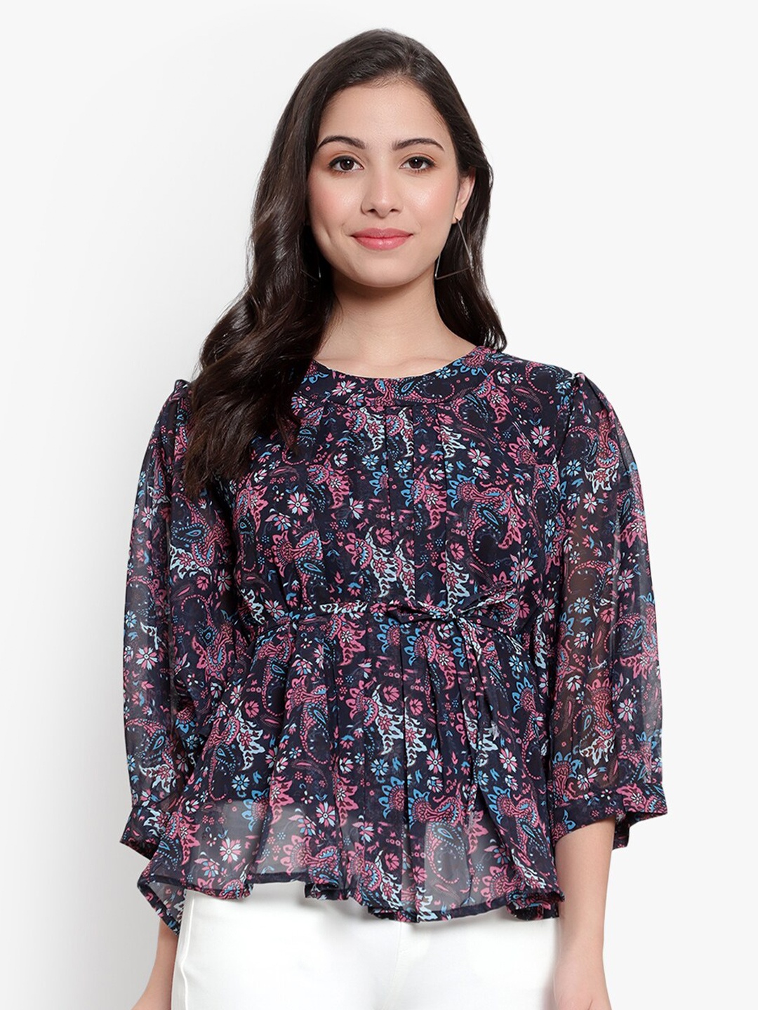 

SKY HEIGHTS Printed Georgette Top, Navy blue
