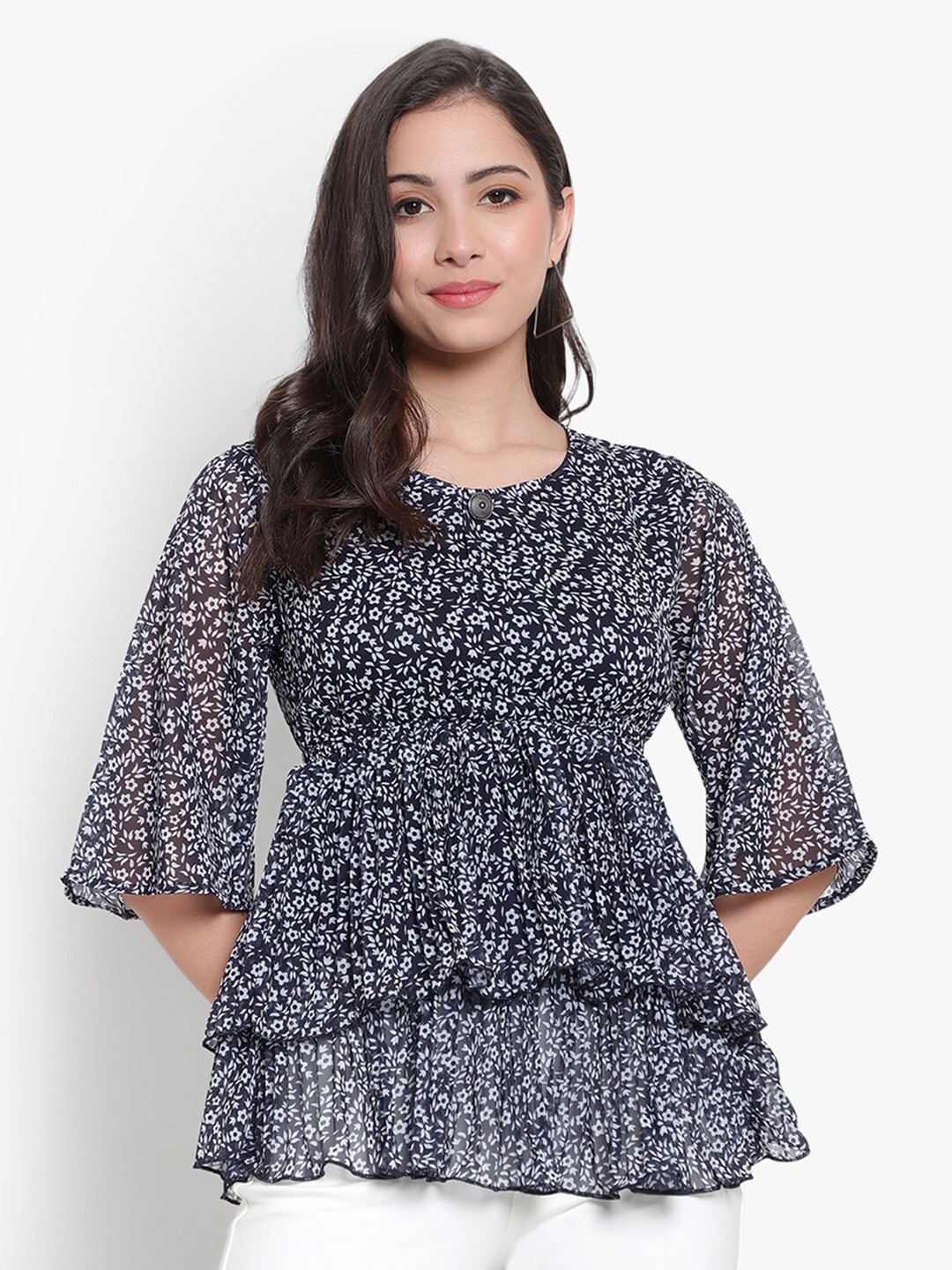 

SKY HEIGHTS Floral Printed Layered Georgette Empire Top, Navy blue
