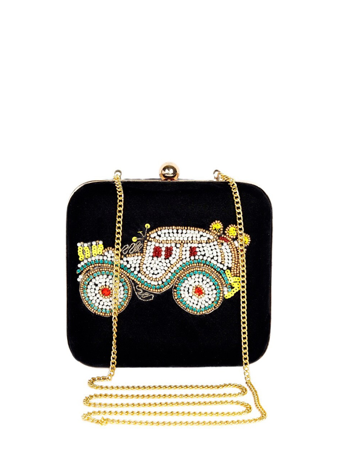 

REZZY Gold-Toned & Black Embroidered Embroidered Box Clutch