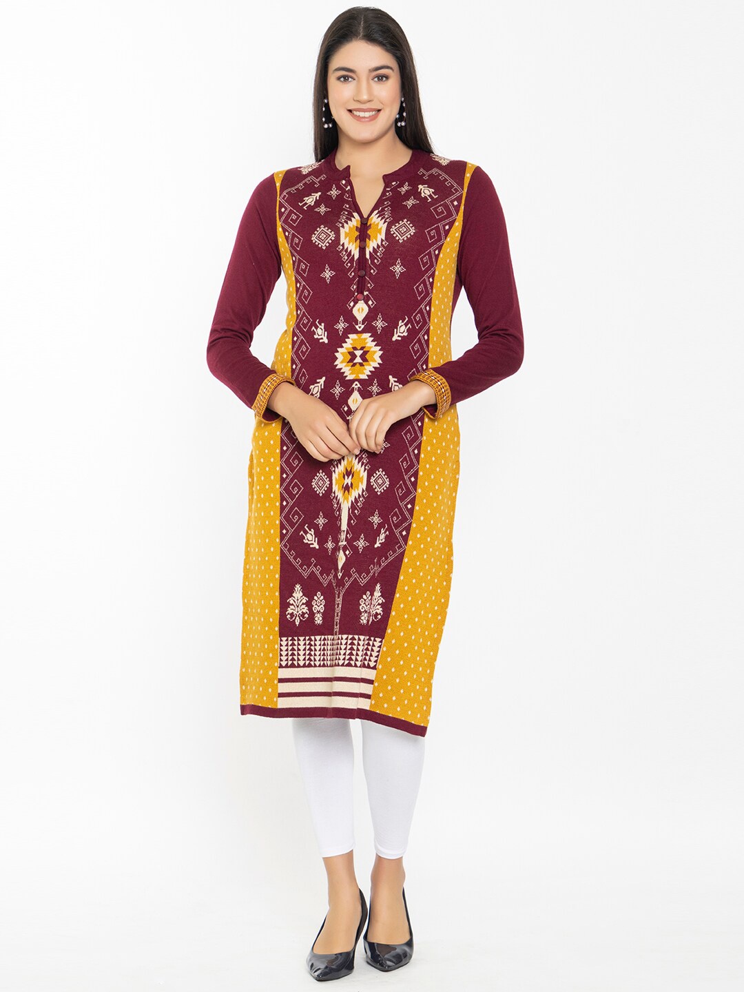 

KEIKO Floral Woven Design Mandarin Collar Cotton Kurta, Maroon